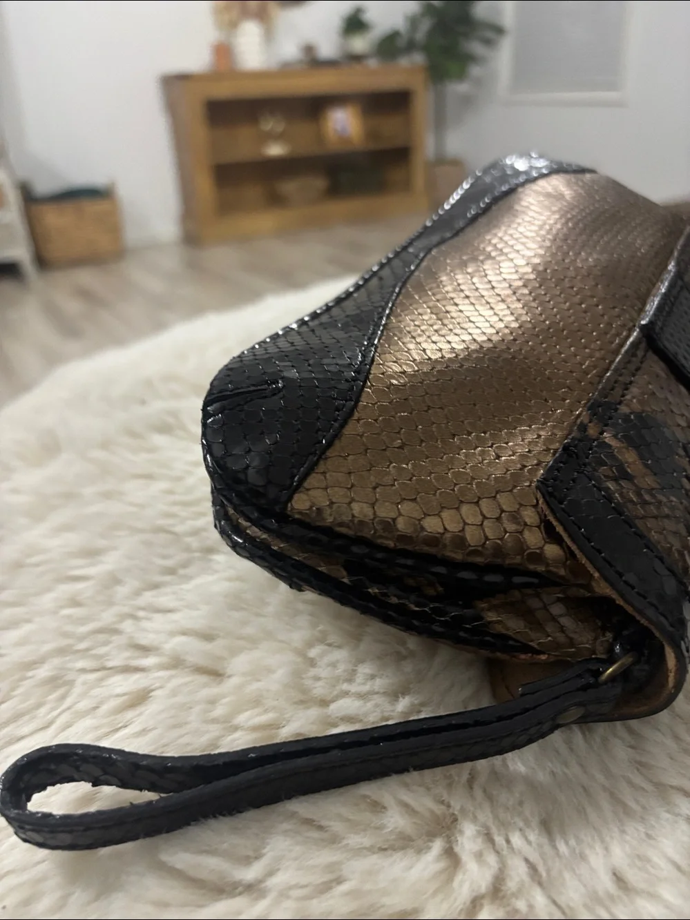 Doncaster Embossed Snakeskin Leather Clutch Bronze Gold‎ Rhinestone Snake